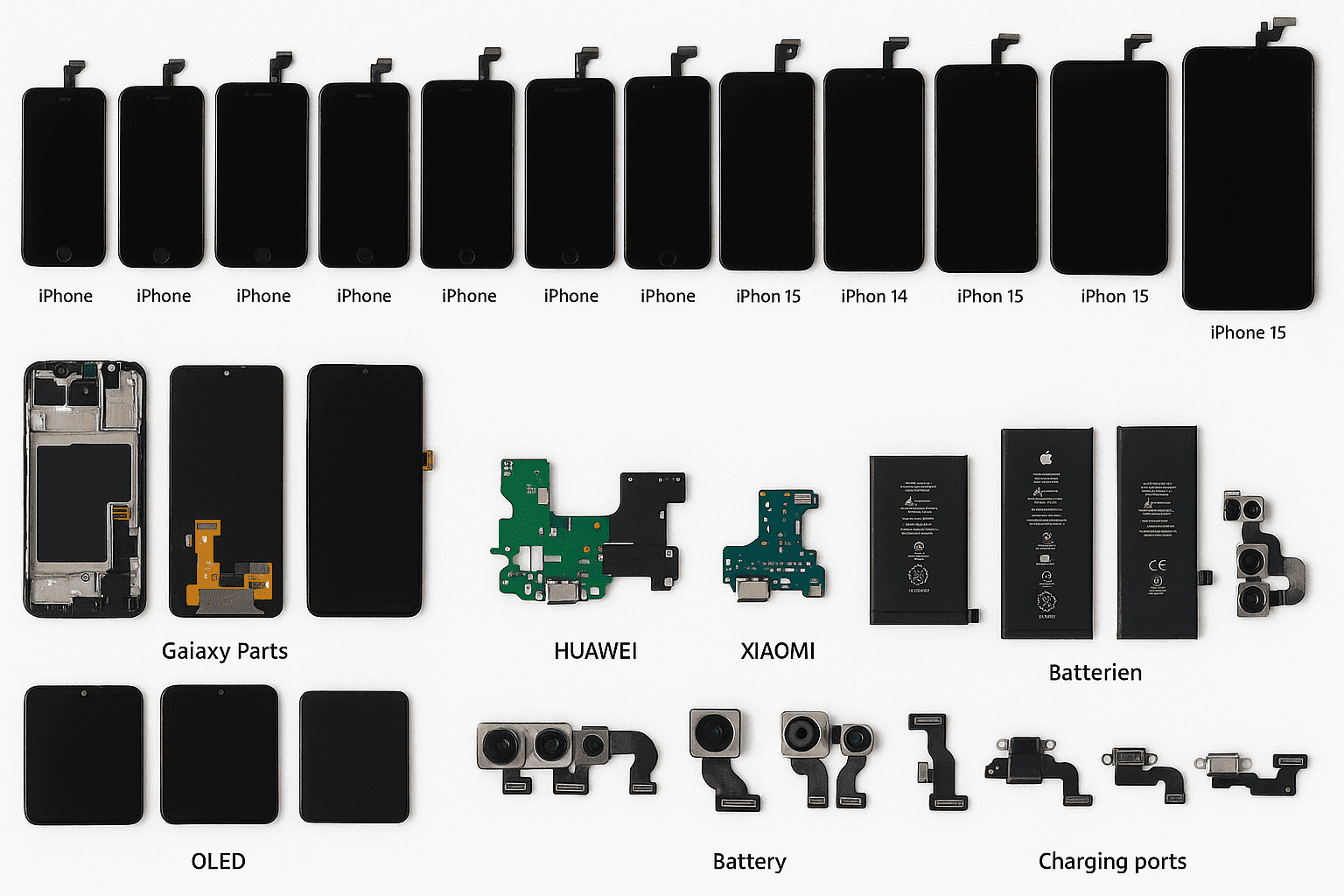 Complete mobile parts SKU coverage - iPhone Samsung Huawei Xiaomi OPPO Vivo