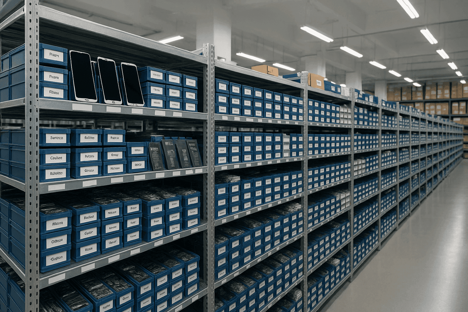 PRSPARES Warehouse - Organized shelves with 500+ SKUs mobile phone parts inventory in Shenzhen Huaqiangbei
