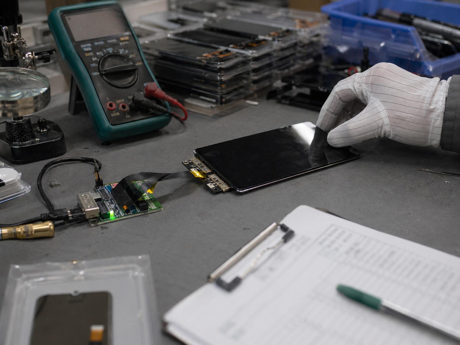 Phone screen quality inspection bench before shipment